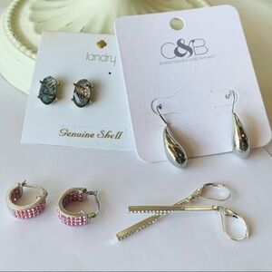 💐5/25 Landry 4 pair lot pink crystal small hoop long crystal bar natural stone